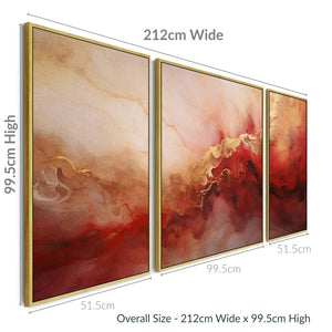 Large Red Gold Framed Abstract Canvas Wall Art - Set of 3 XXL - 212cm Wide