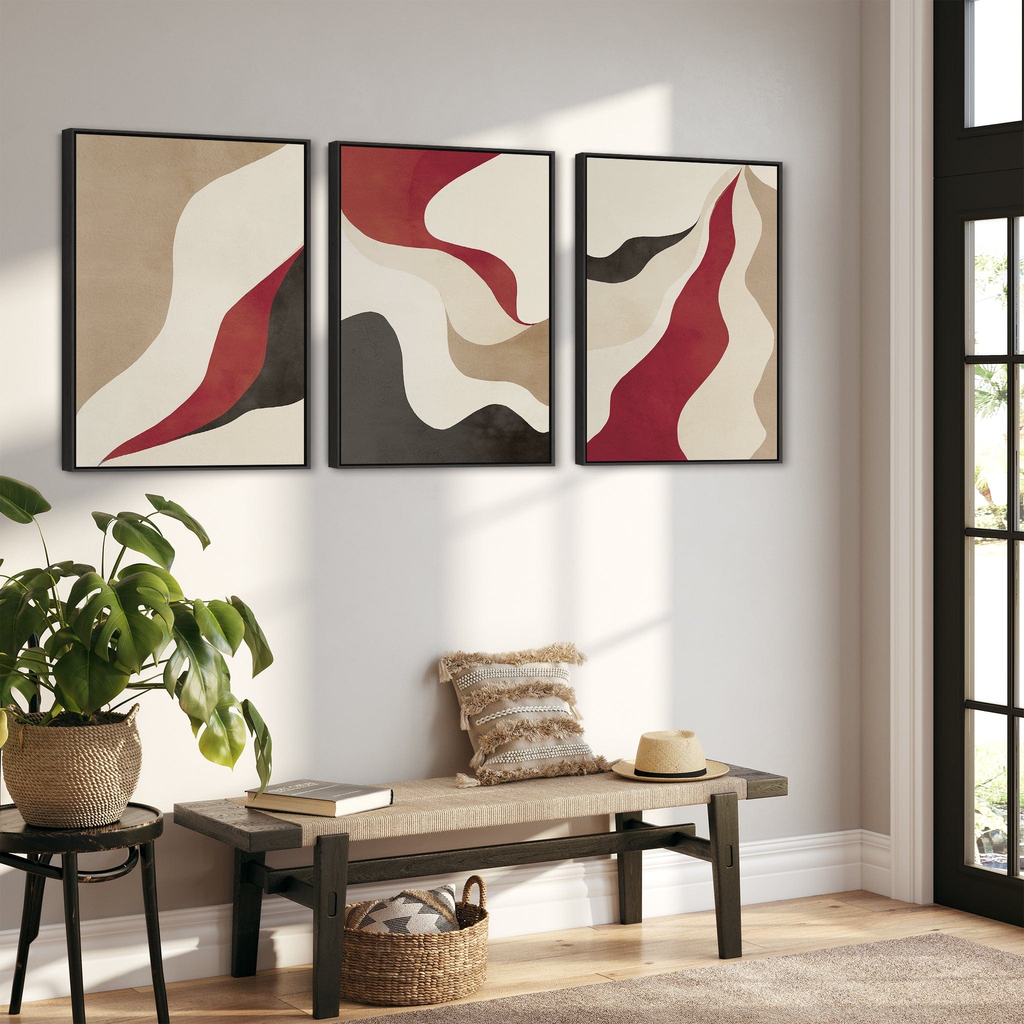 Large Set of 3 Red Abstract Framed Canvas Wall Art - Burgundy Cream Bl