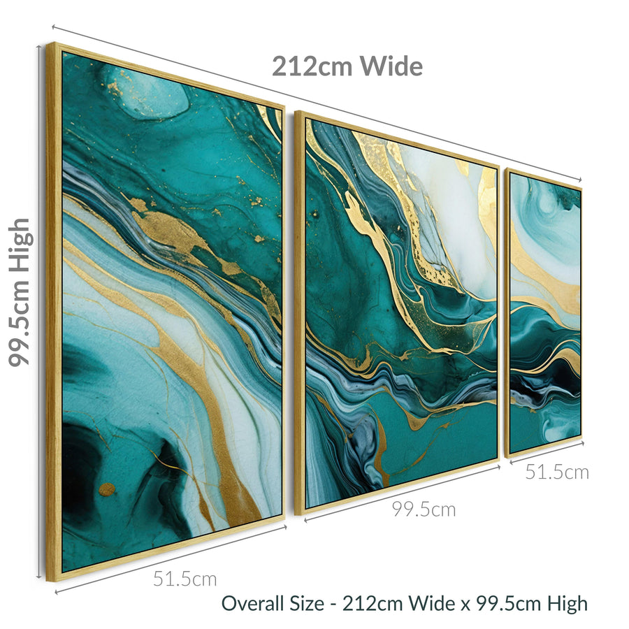 Extra Large Teal Gold Abstract Framed Canvas Wall Art - XXL 212cm Wide