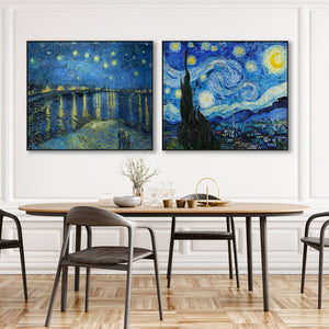 Extra Large Vincent Van Gogh Starry Night Pair of Blue Wall Art Framed Canvas Landscape Paintings - Set of 2