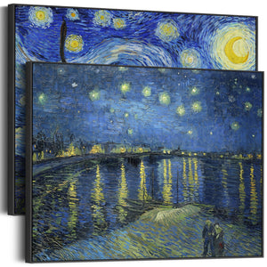 Extra Large Vincent Van Gogh Starry Night Pair of Blue Wall Art Framed Canvas Landscape Paintings - Set of 2