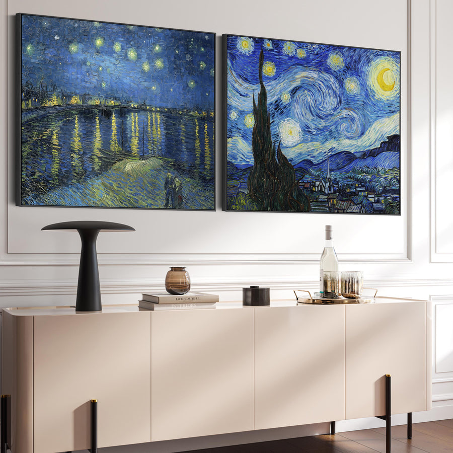 Extra Large Vincent Van Gogh Starry Night Pair of Blue Wall Art Framed Canvas Landscape Paintings - Set of 2