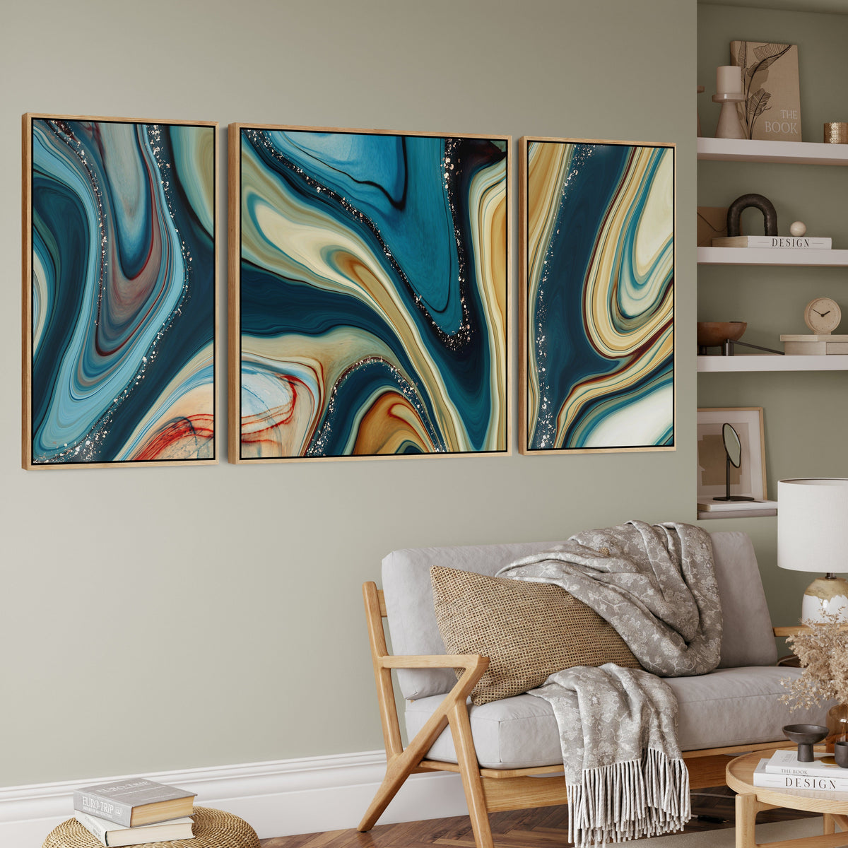 Extra Large Framed Wall Art Pictures for Living Room - Teal Blue Abstr