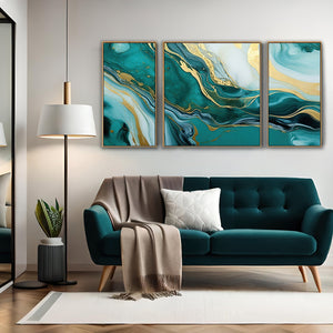 Extra Large Teal Gold Abstract Framed Canvas Wall Art - XXL 212cm Wide