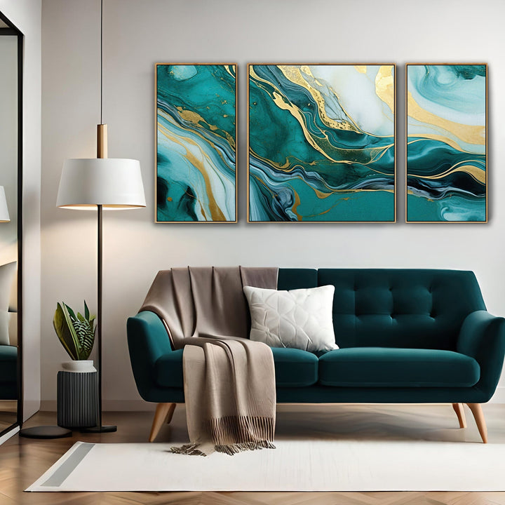 Extra Large Teal Gold Abstract Framed Canvas Wall Art - XXL 212cm Wide - 3AF2147XXL-G