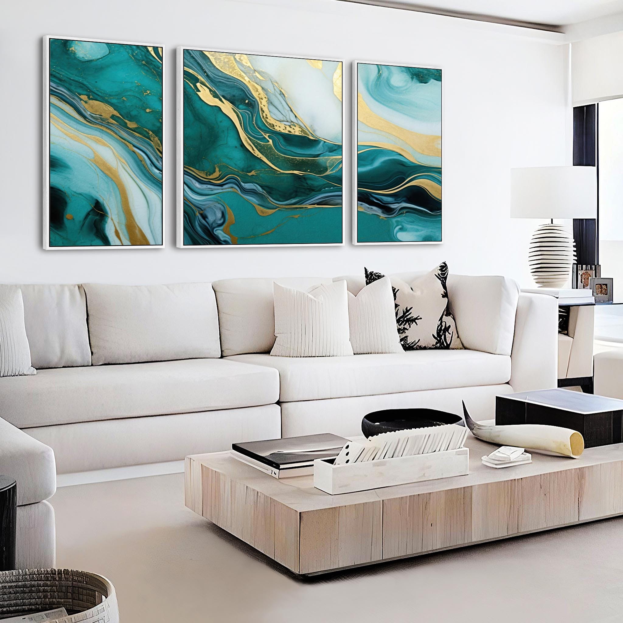 Extra Large Teal Gold Abstract Framed Canvas Wall Art - XXL 212cm Wide