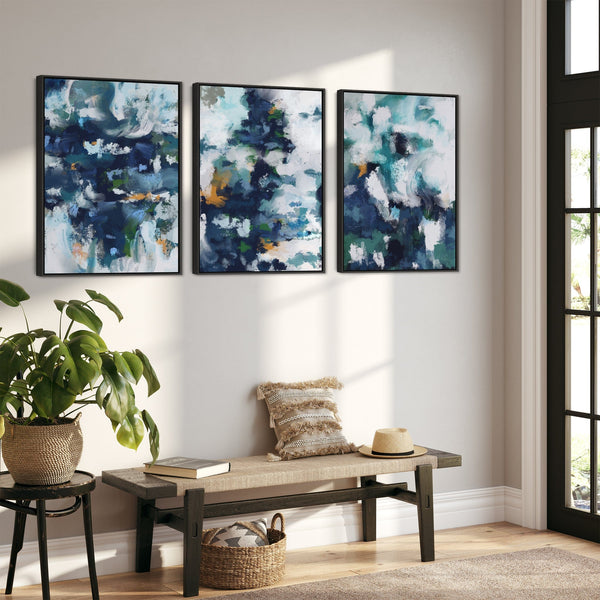 Large Teal Wall Art Pictures for Living Room - Set of 3 Framed Canvas Artwork
