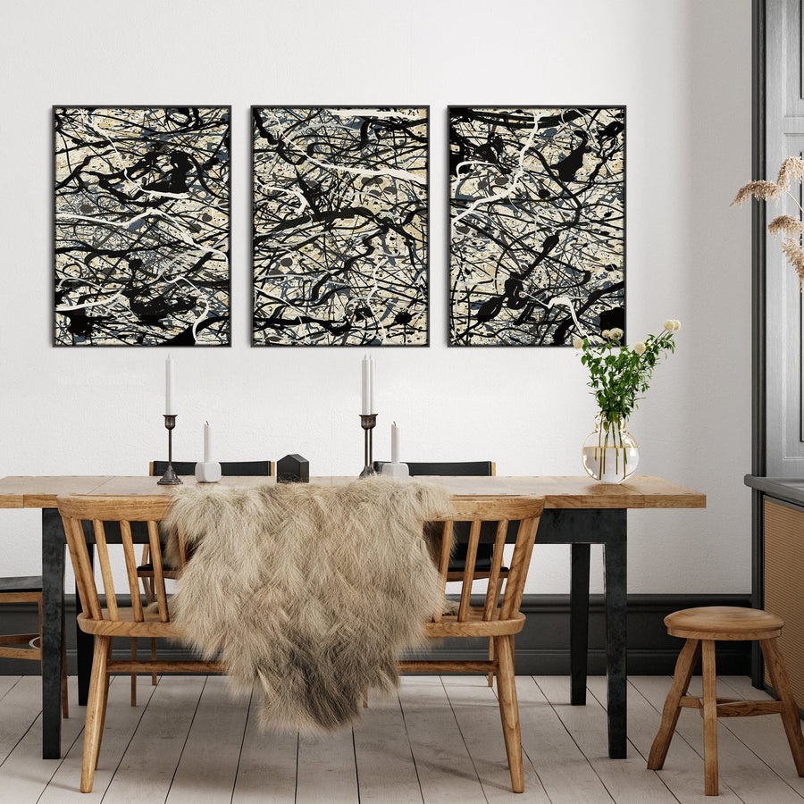 Neutral Wall Art for Living Room - Set of 3 Abstract Pictures Jackson Pollock Style - 2m Wide