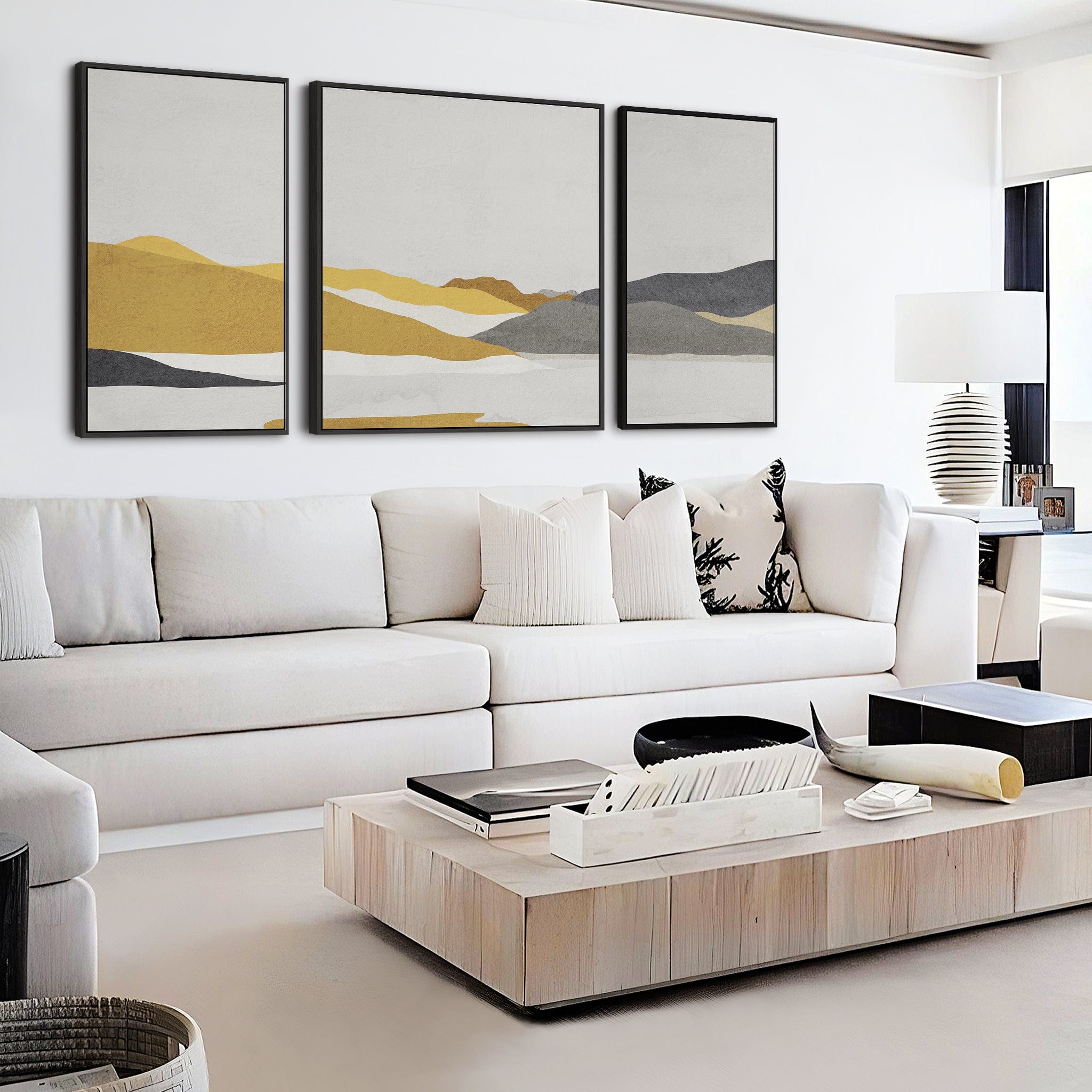 Large Mustard Yellow Grey Framed Abstract Wall Art for Living Room S