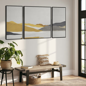 Large Mustard Yellow Grey Framed Abstract Wall Art for Living Room - Set of 3 - XXL 212cm Wide