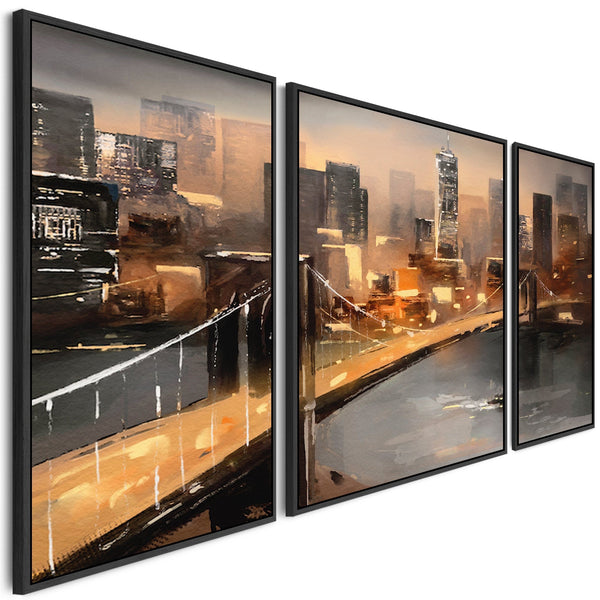 Extra Large Framed Wall Art Pictures for Living Room - NYC Set of 3 - New York City Skyline at Night - XXL 212cm Wide
