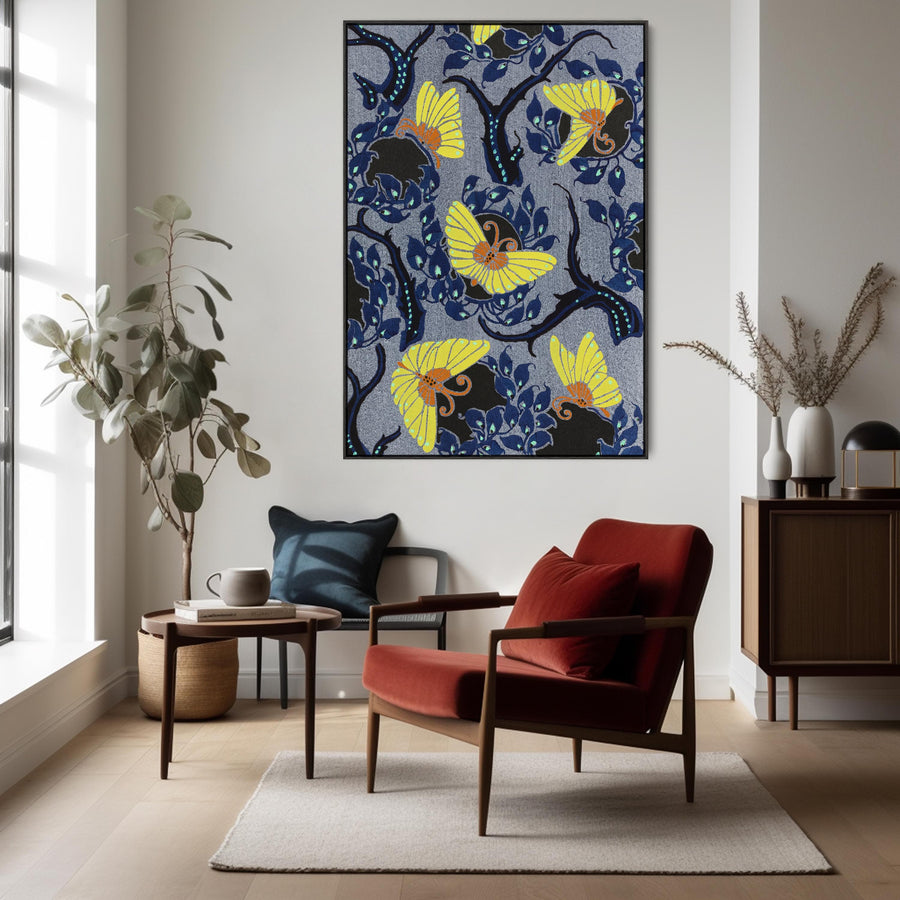 Large Blue Yellow Art Nouveau Butterflies Framed Prints on Canvas Samarkande by EA Seguy