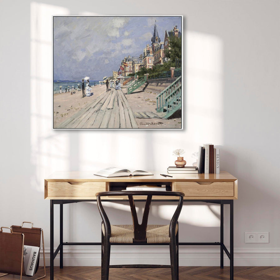 Large Claude Monet Seaside Wall Art Framed Canvas Print Beach at Trouville Painting