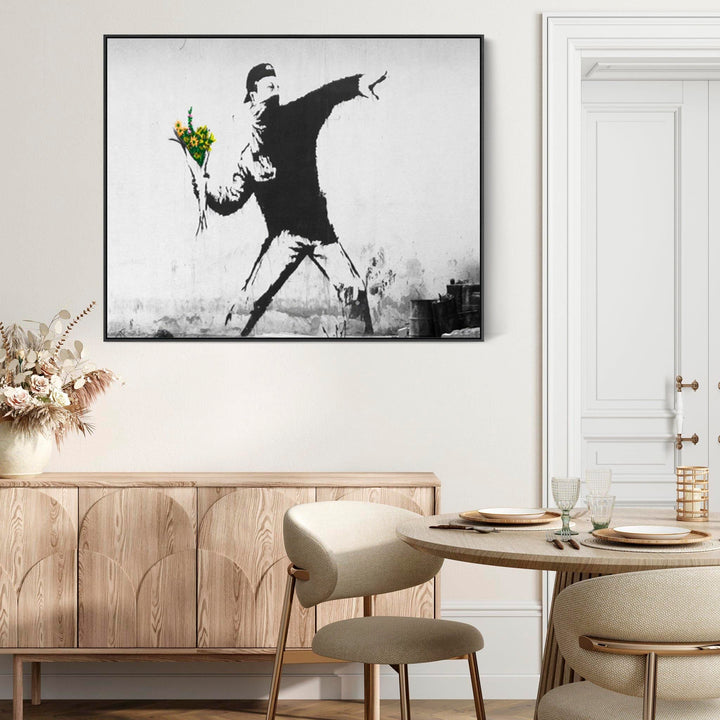 Large Banksy Framed Canvas Art Print - Flower Thrower / Love Is In The Air - FFob-2459-B-L