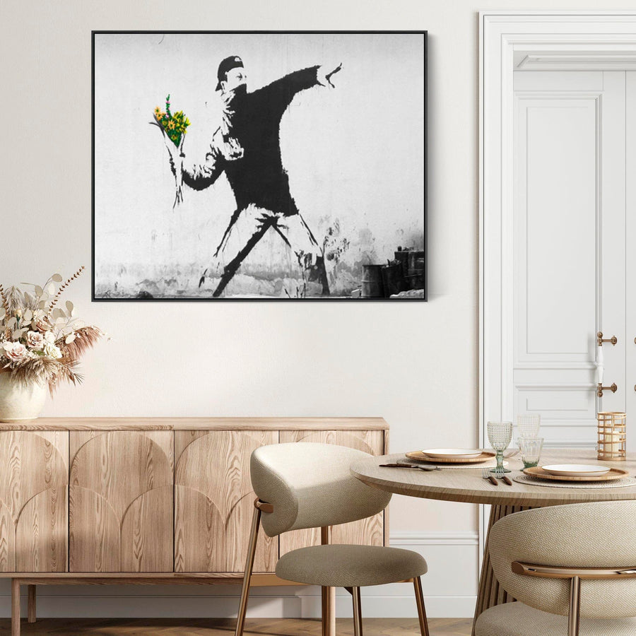 Large Banksy Framed Canvas Art Print - Flower Thrower / Love Is In The Air