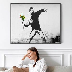 Large Banksy Framed Canvas Art Print - Flower Thrower / Love Is In The Air