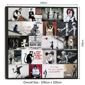 Extra Large Banksy Collage Framed Canvas Wall Art Print - XXL Graffiti Street Art Picture 100cm x 100cm