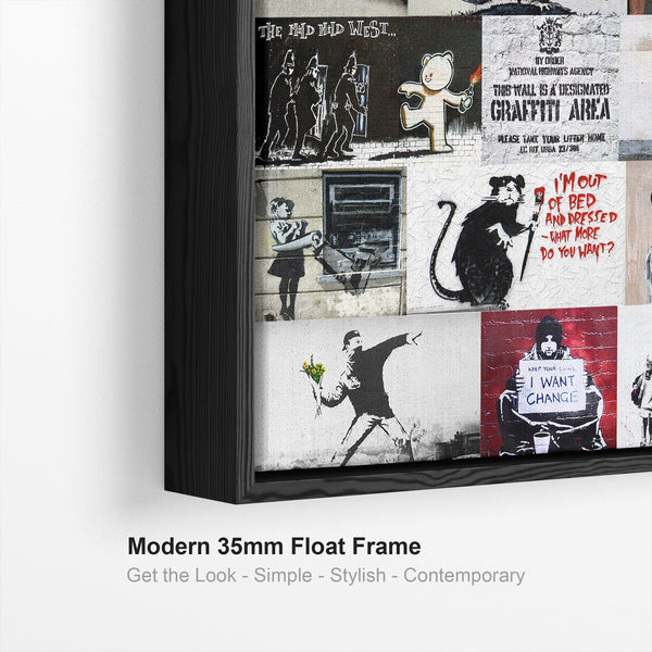 Extra Large Banksy Collage Framed Canvas Wall Art Print - XXL Graffiti Street Art Picture 100cm x 100cm