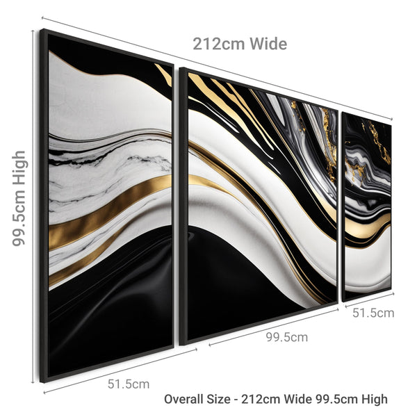 Extra Large Black Gold Framed Wall Art - Modern XXL Set 3 Canvas - 212cm Wide