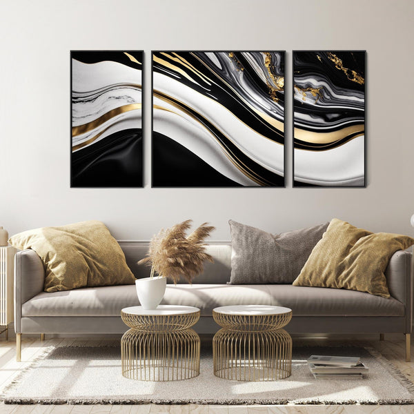 Extra Large Black Gold Framed Wall Art - Modern XXL Set 3 Canvas - 212cm Wide