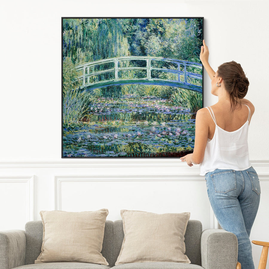 Claude Monet Framed Canvas Wall Art - Japanese Bridge Water Lilies - XL Large 100cm x 100cm