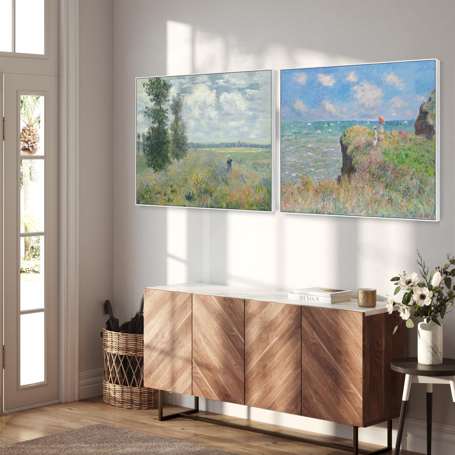 Extra Large Claude Monet Summer Landscape Scene Pair of Wall Art Framed Canvas Impressionist Pictures - Set of 2