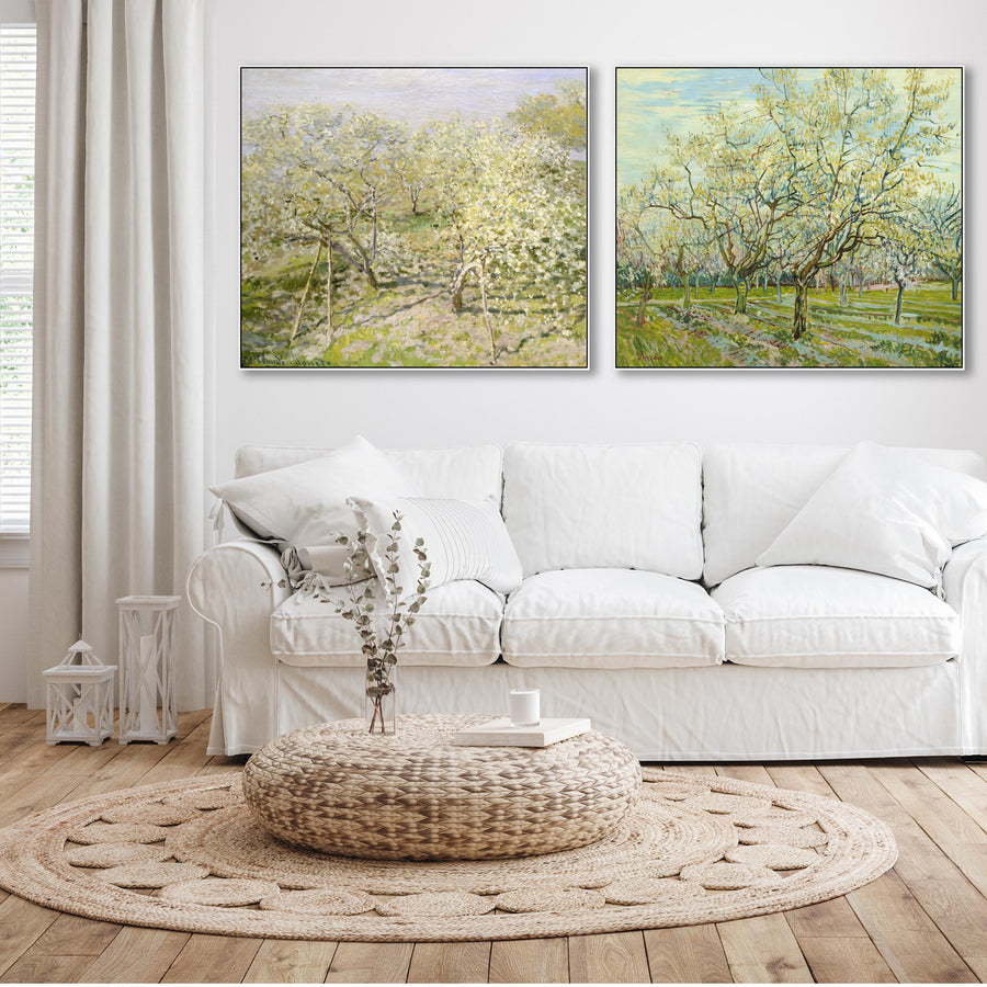 Extra Large Green Pair of Impressionist Wall Art Framed Canvas Pictures - Monet and Van Gogh Orchard Tree Paintings