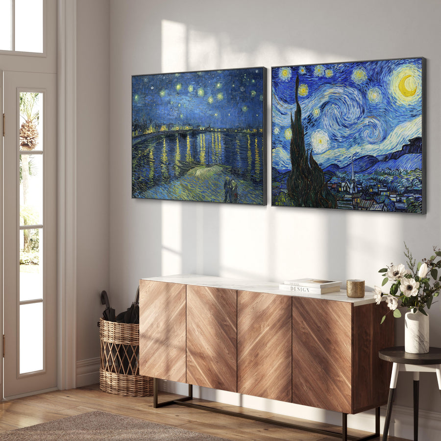 Extra Large Vincent Van Gogh Starry Night Pair of Blue Wall Art Framed Canvas Landscape Paintings - Set of 2