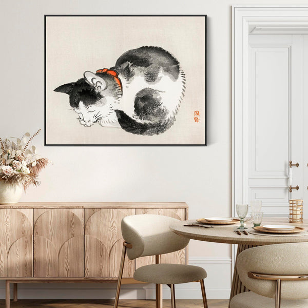 Japanese Sleeping Cat Black White Wall Art Framed Canvas Print by Kono Bairei