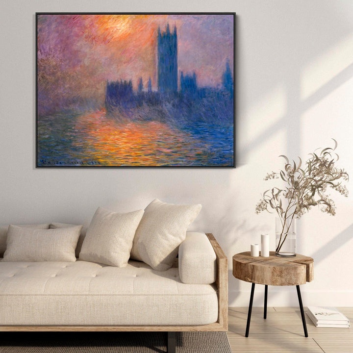 Large Claude Monet Framed Canvas Print of Houses of Parliament Sunset Landscape Painting - FFob-2246-B-L