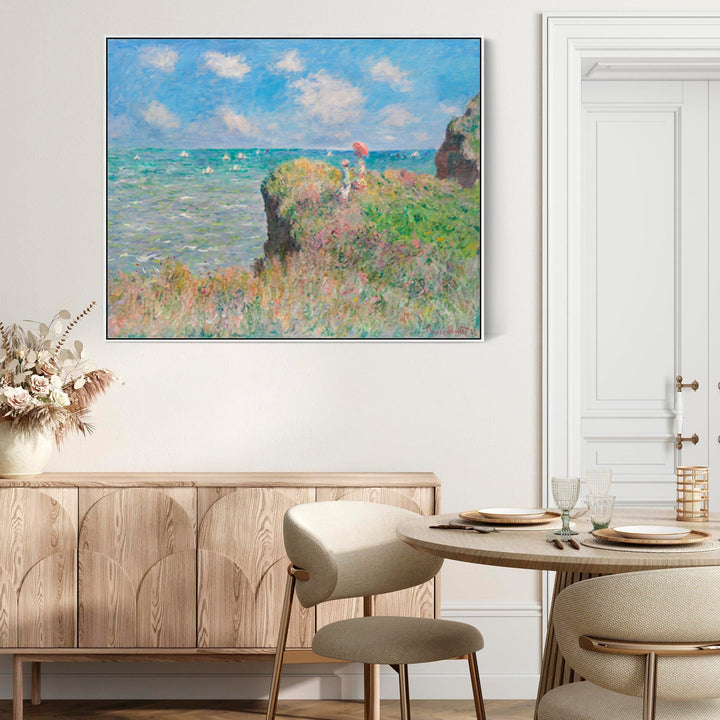 Large Claude Monet Framed Canvas Print of Cliff Walk at Pourville Landscape Painting - FFob-2235-N-L