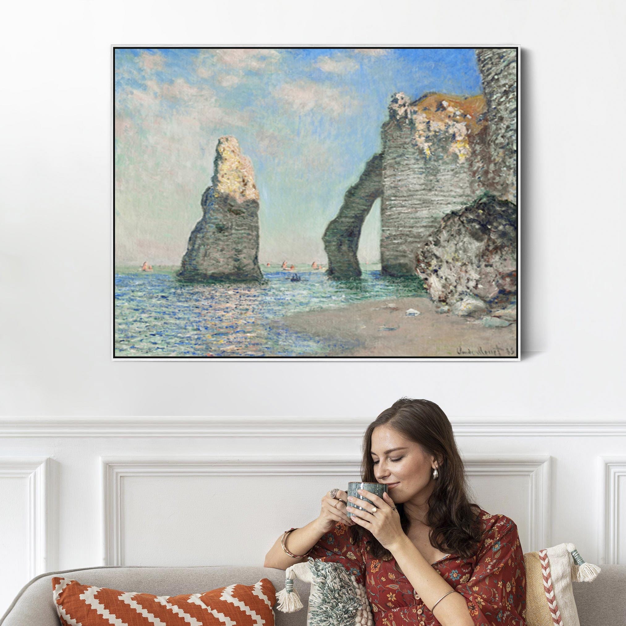 Large Claude Monet Framed Canvas Print of The Cliffs at Etretat Painti