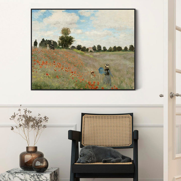 Large Claude Monet Framed Canvas Print of Poppy Field Poppies Landscape Painting - FFob-2241-B-L