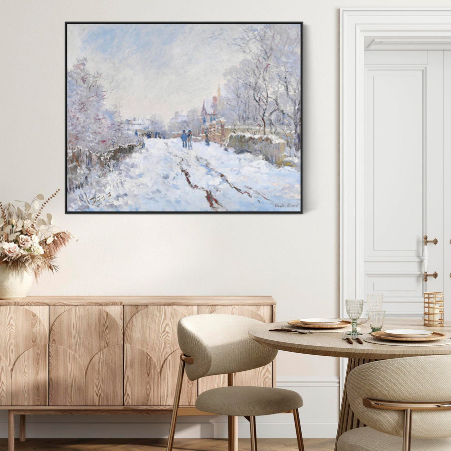 Large Claude Monet Framed Canvas Print of Snow Scene at Argenteuil Landscape Painting