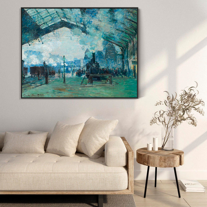 Large Claude Monet Framed Canvas Print of Station Arrival Normandy Train Saint Lazare Painting - FFob-2228-B-L