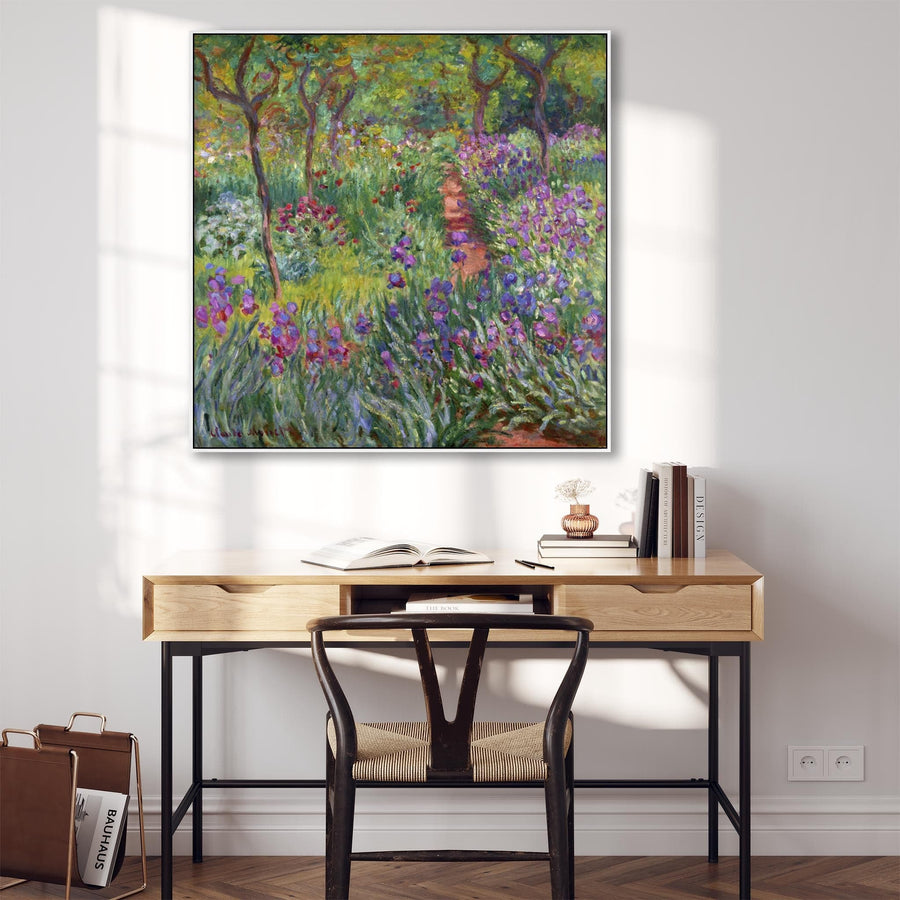 Large Colourful Claude Monet Wall Art Framed Canvas Print of Iris Garden at Giverny Painting - 100cm x 100cm