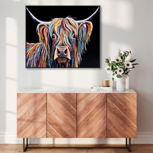 Large Highland Cow Colourful Unusual Wall Art Framed Canvas Print