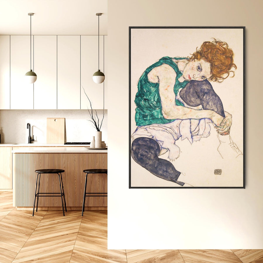 Large Egon Schiele Green Framed Prints on Canvas Woman with Bent Knees