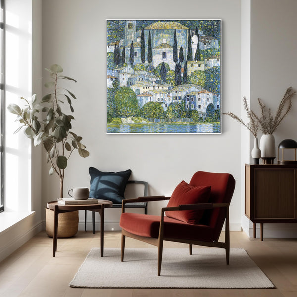 Large Blue Gustav Klimt Landscape Wall Art Framed Canvas Print of Kirche in Casseone Painting - 100cm x 100cm