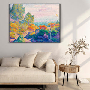 Large Henri Edmond Cross Colourful Framed Canvas Print of Two Women by the Shore Multi Coloured Painting