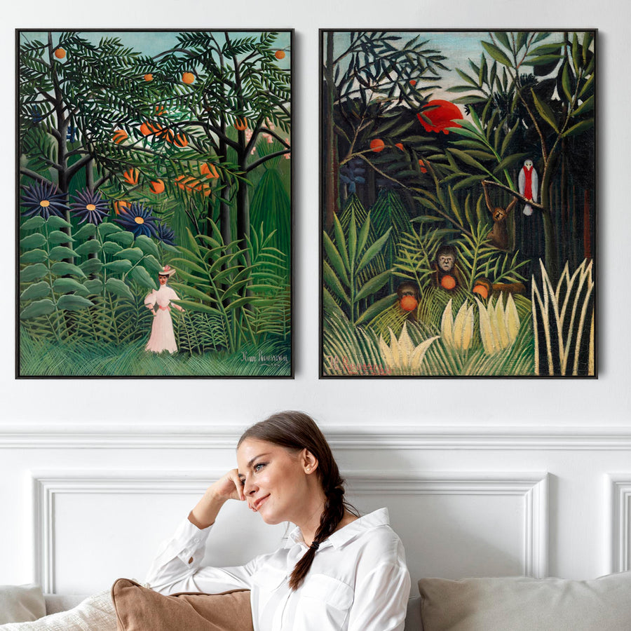 Large Henri Rousseau Framed Pair of Wall Art Prints of Exotic Virgin Forest Paintings