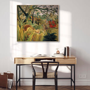 Large Green Henri Rousseau Wall Art Framed Canvas Print of Tiger in a Tropical Storm Famous Painting