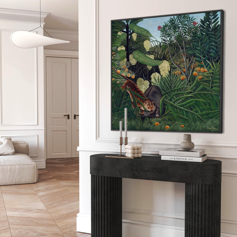 Large Henri Rousseau Wall Art Framed Canvas Print of Fight Between Tiger and Buffalo Famous Painting - 100cm x 100cm