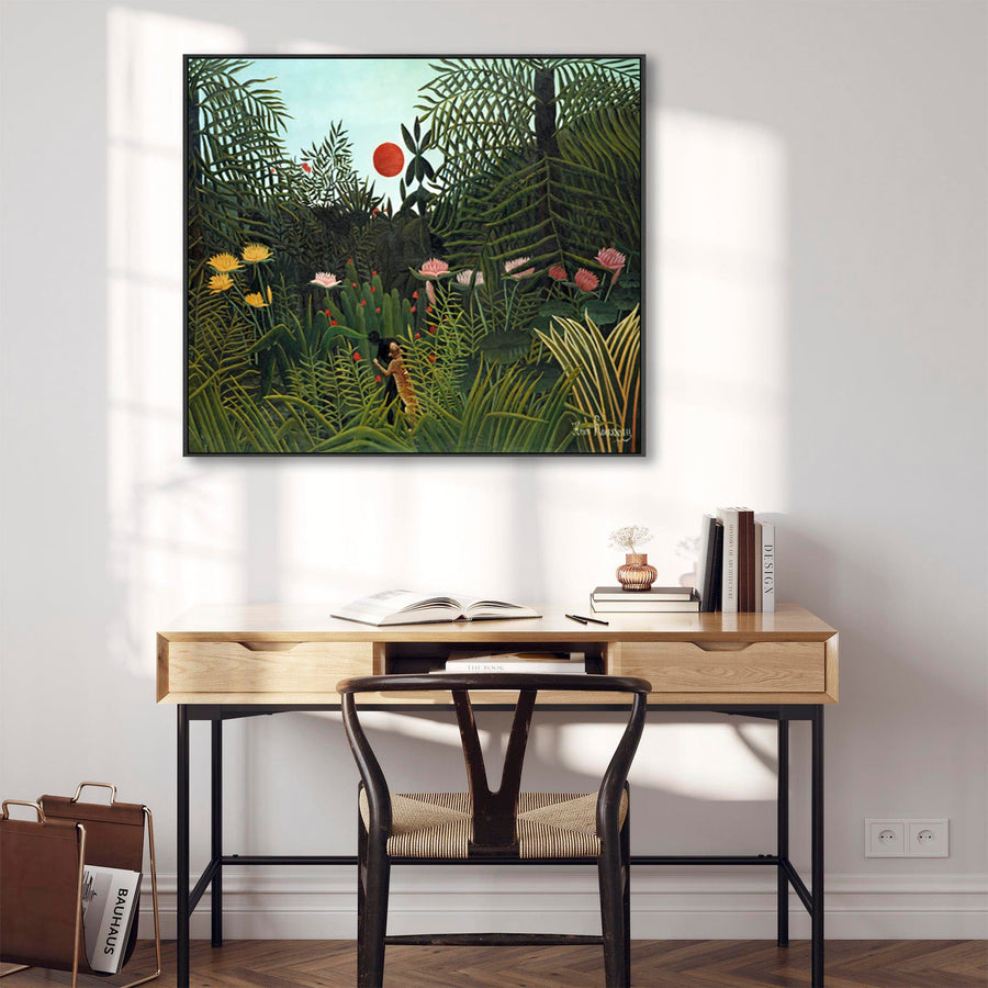 Large Henri Rousseau Wall Art Framed Canvas Print of Virgin Forest with Sunset Famous Painting