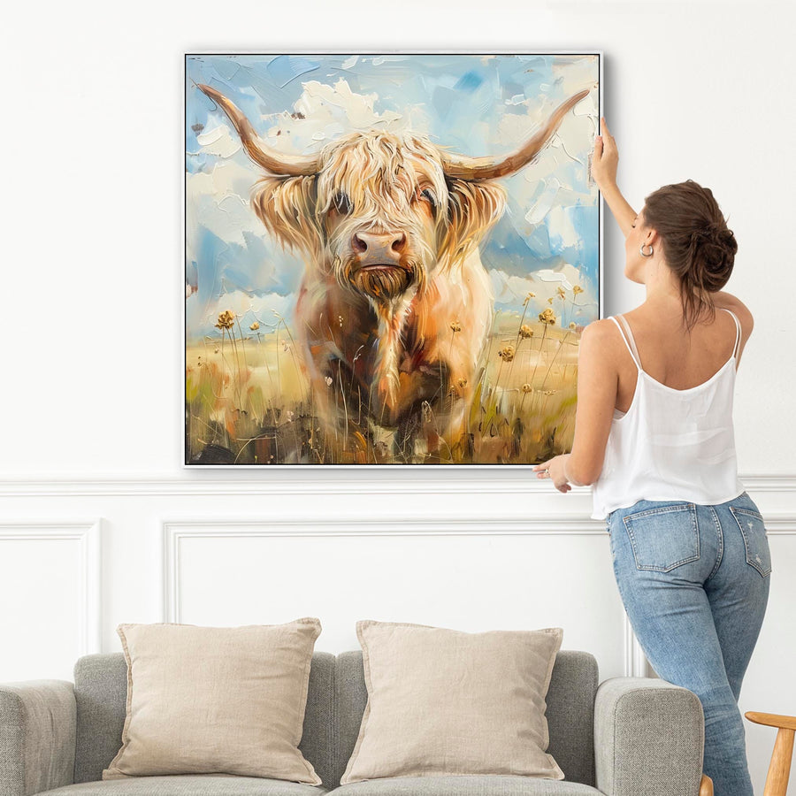 Large Highland Cow Abstract Wall Art Framed Canvas Print of Scottish Painting - 100cm x 100cm