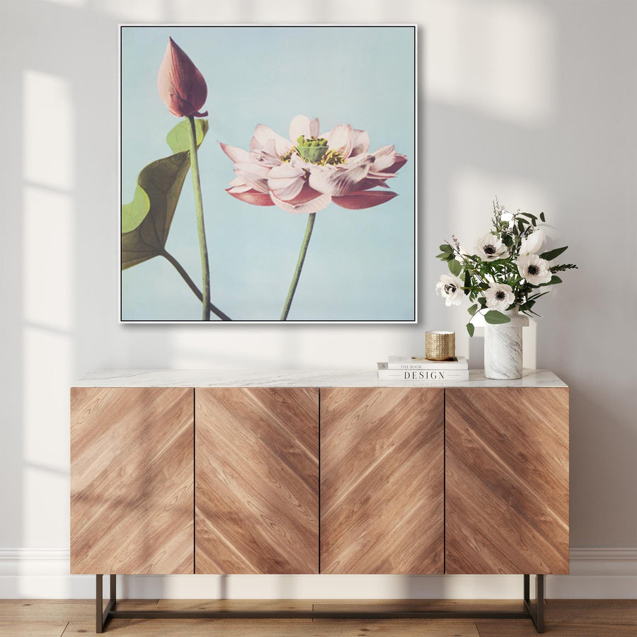 Japanese Pink Floral Wall Art Framed Canvas Print of Lotus Flowers by Ogawa Kazumasa - 100cm x 100cm