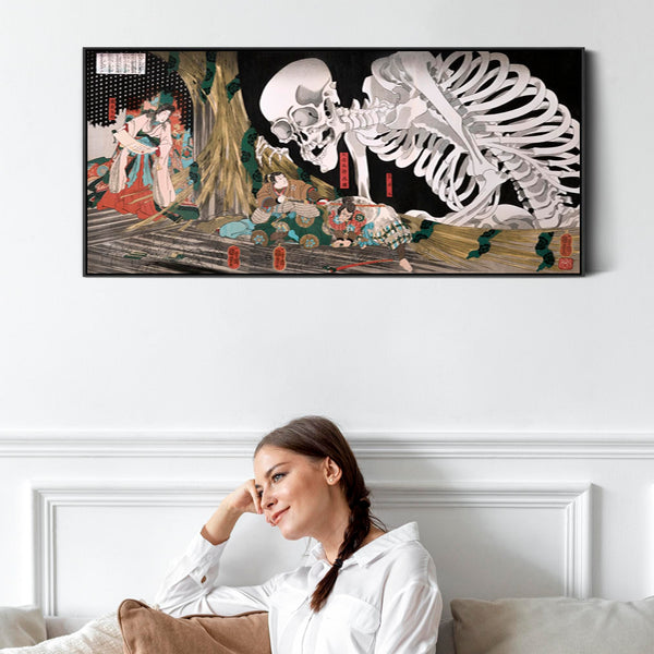 Japanese Mitsukuni Defying the Skeleton Specter Wall Art Framed Canvas Print of Utagawa Kuniyoshi Painting