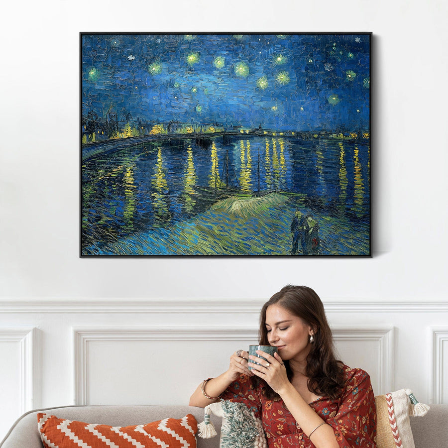 Large Vincent Van Gogh Framed Canvas Print of Starry Night over the Rhone Landscape Famous Painting