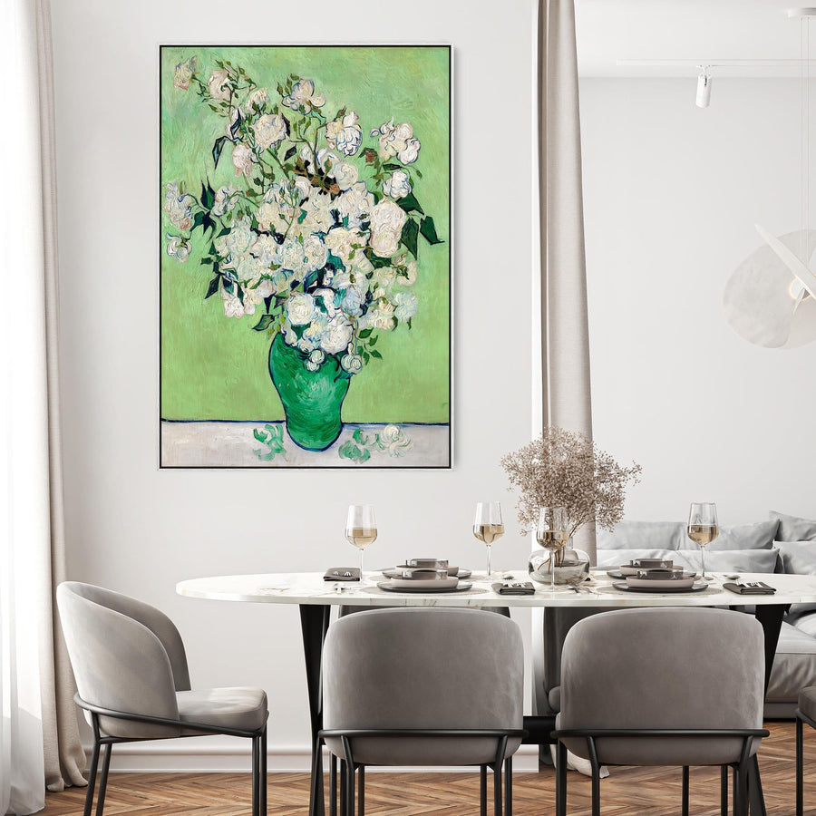 Large Vincent Van Gogh Wall Art Framed Canvas Print of White Roses Green Vase Painting