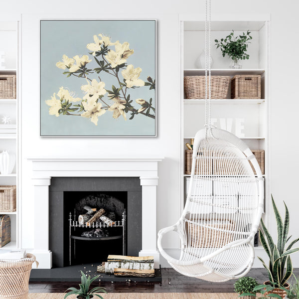 Vintage Japanese Blue Floral Wall Art Framed Canvas Print of Azaleas Flowers Painting - XL 100cm x 100cm